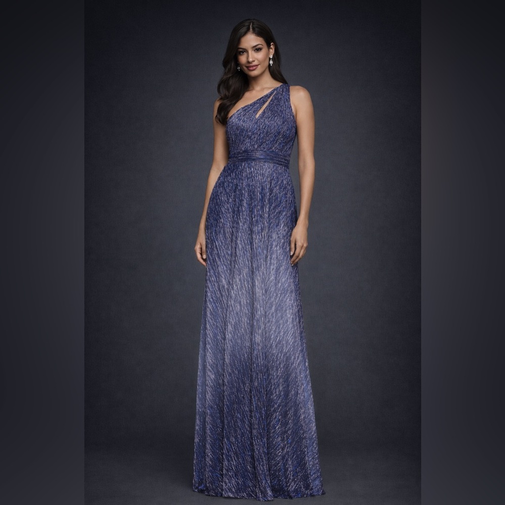 Betsy & Adam One Shoulder Metallic Gown Size 4 NWT Navy Blue Formal Evening